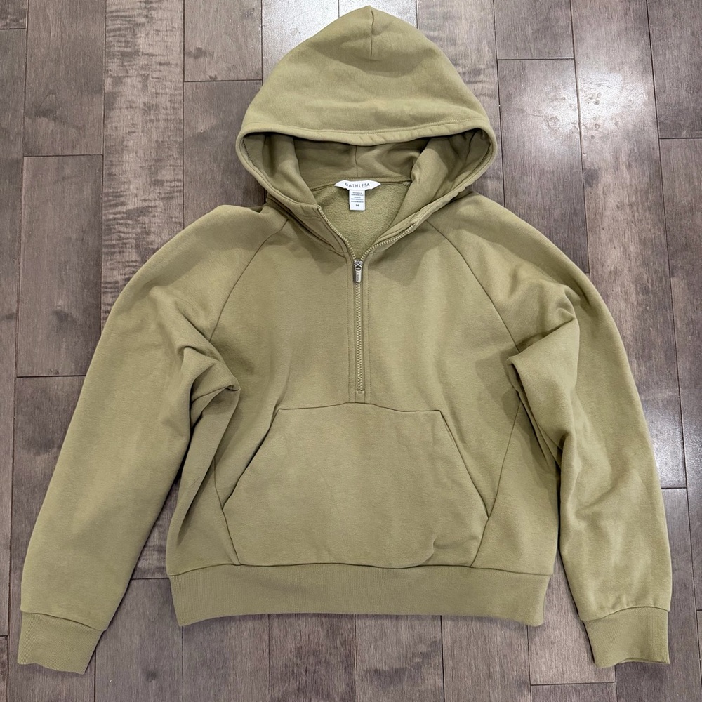 Athleta Forever Fleece Half Zip Hoodie, Olive branch, Size M